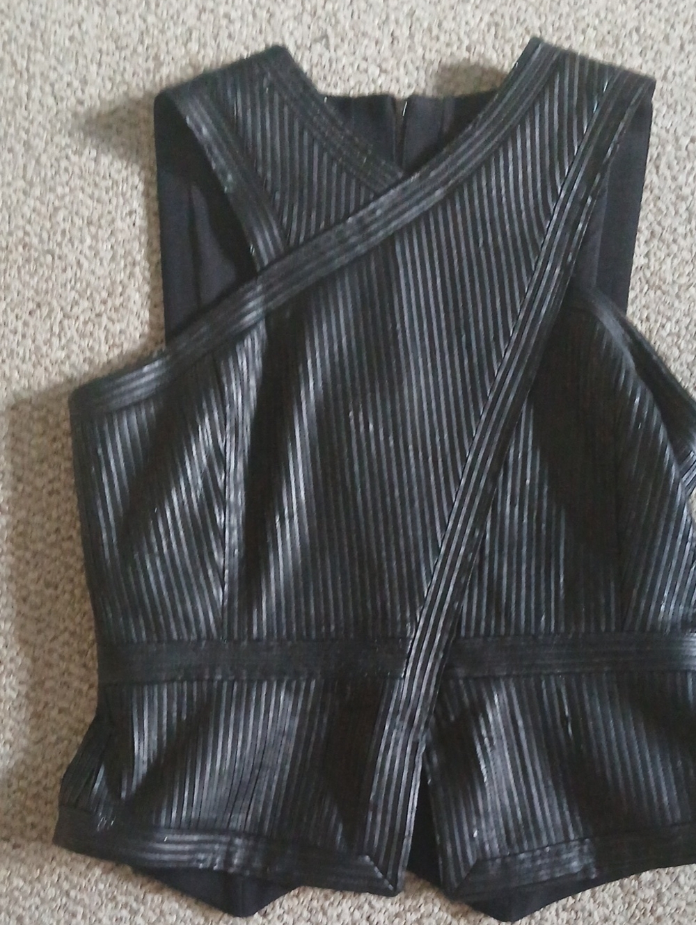 BCBGMaxAzria Black Ribbed Faux Leather Peplum Top